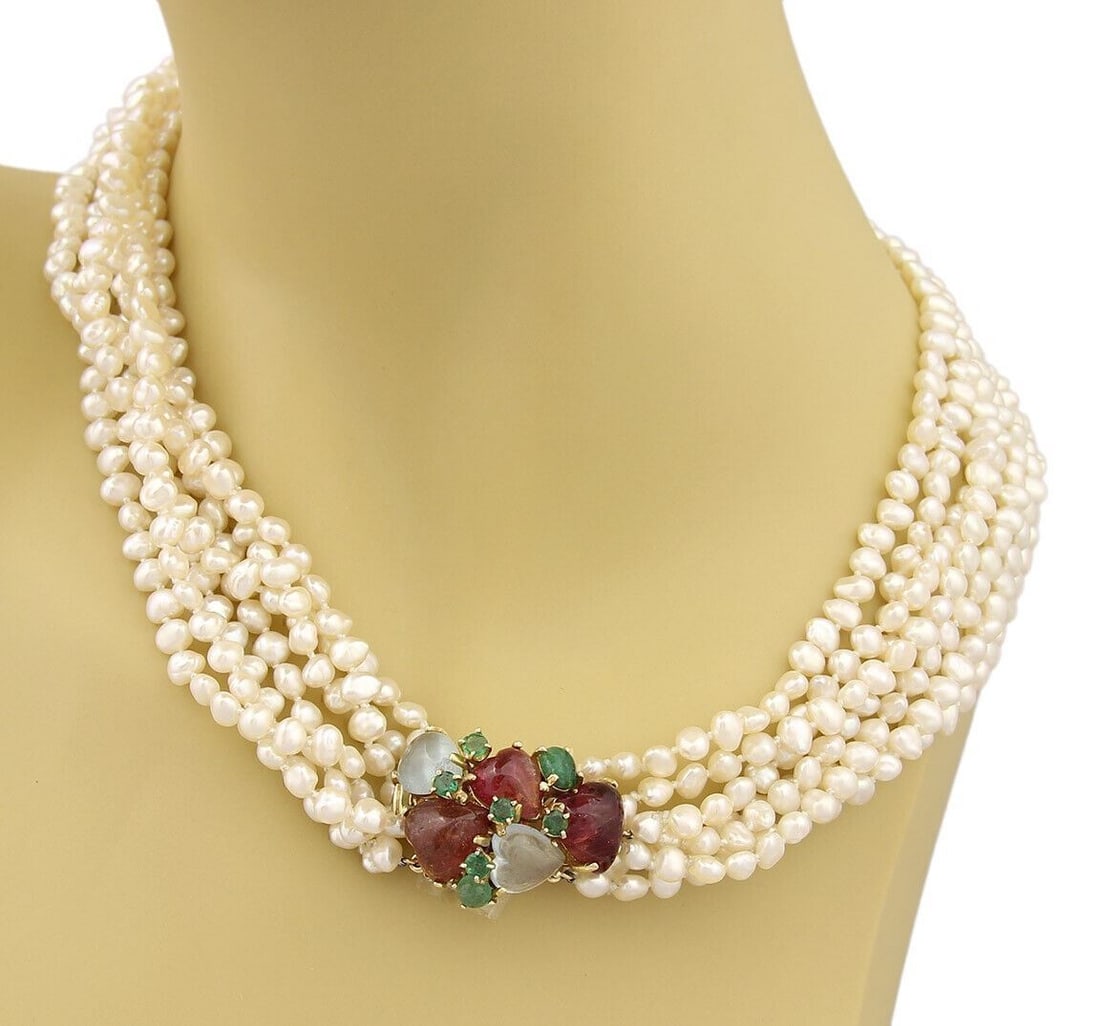 Beaded Vintage 14k Yellow Gold Multi Strand Necklace with Pearls and Gemstones: Beaded Vintage 14k Yellow Gold Multi Strand Necklace with Pearls and Gemstones This vintage multi-strand necklace features a beaded design crafted from 14k yellow gold. It is set with baroque white pe