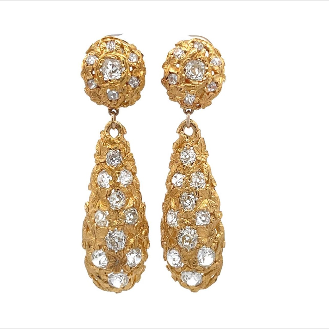 Art Deco 22k Yellow Gold Earrings with 6 Carat Old Mine Cut Diamonds: Art Deco 22k Yellow Gold Earrings with 6 Carat Old Mine Cut Diamonds Elevate your elegance with these stunning Art Deco earrings, meticulously crafted from 22k yellow gold. The design features texture