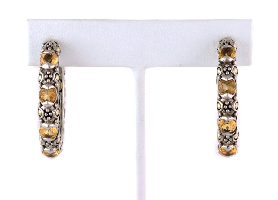 Jaisalmer Citrine 18k Gold Sterling Silver Hoop Earrings by John Hardy: Jaisalmer Citrine 18k Gold Sterling Silver Hoop Earrings by John Hardy These John Hardy Jaisalmer hoop earrings feature citrine gemstones set in a combination of 18k yellow gold and sterling silver. T