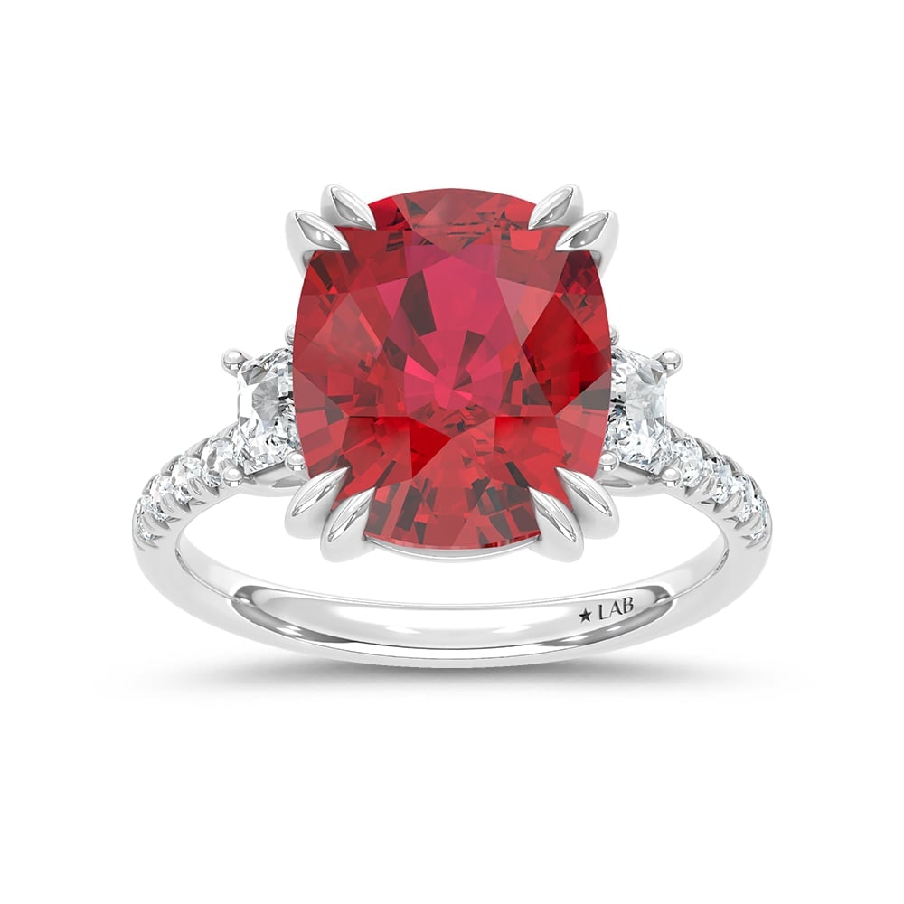 14K White Gold Lab Grown Diamond 8 7/8 Ct.Tw. Cushion Shape Recrystalized Ruby Engagement Ring: 14K White Gold Lab Grown Diamond 8 7/8 Ct.Tw. Cushion Shape Recrystalized Ruby Engagement Ring (Center 8 3/8 ct) 14k White Gold Stone Color: D-f Stone Clarity: Vs Each ring is presented in standard si