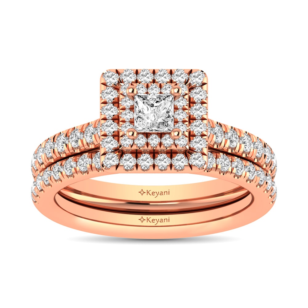 Diamond Classic Shank Double Halo Bridal Ring 1 Ct.tw Princess Cut in 14K Rose Gold: Diamond Classic Shank Double Halo Bridal Ring 1 Ct.tw Princess Cut in 14K Rose Gold This classic shank Double Halo Bridal Ring set with Princess Cut diamond 1/4 Ct.Tw. center. Total diamond weight 1 C