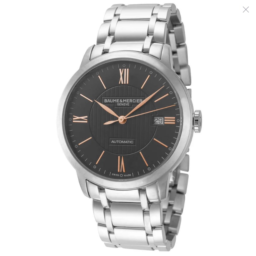 Classima Grey Dial Watch with Rose Gold Markers Ref M0A10291 Papers: Classima Grey Dial Watch with Rose Gold Markers Ref M0A10291 Papers This Baume & Mercier Classima watch features a 40mm stainless steel case with a grey dial accented by rose gold hour markers. The wa