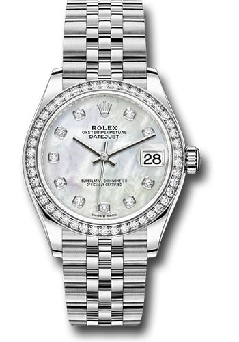 Ladies Datejust 31 Ref 278384 Diamond Bezel Jubilee Bracelet White MOP Dial: Ladies Datejust 31 Ref 278384 Diamond Bezel Jubilee Bracelet White MOP Dial This Rolex Datejust 31 features a white mother-of-pearl diamond dial and a diamond bezel, complemented by a Jubilee bracelet