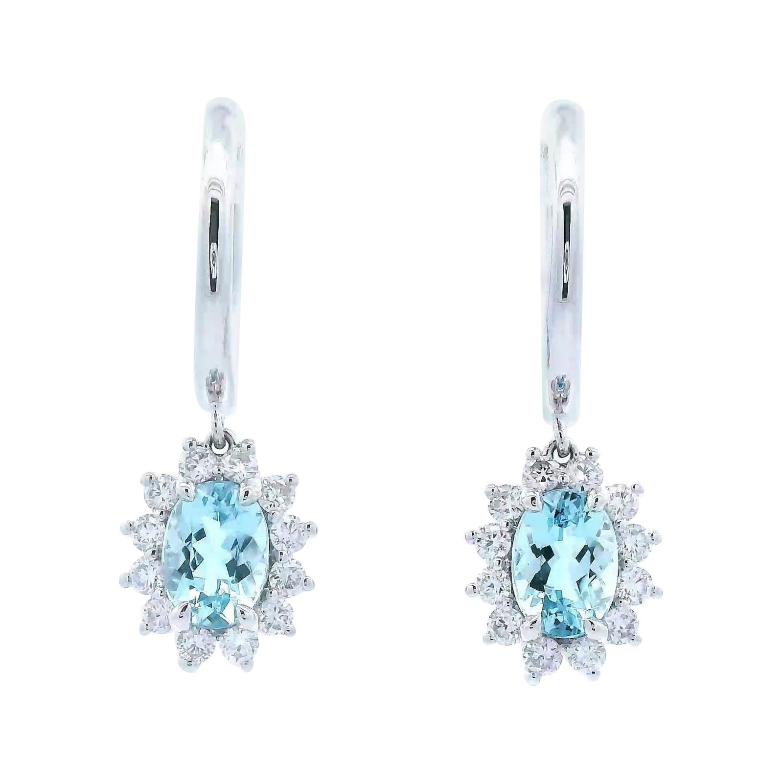 14k White Gold 2.23ct Aquamarine Diamond Drop Earrings: 14k White Gold 2.23ct Aquamarine Diamond Drop Earrings Elevate your style with these stunning 2.23ctt oval aquamarine and diamond earrings, crafted from 14k white gold. These contemporary drop earring