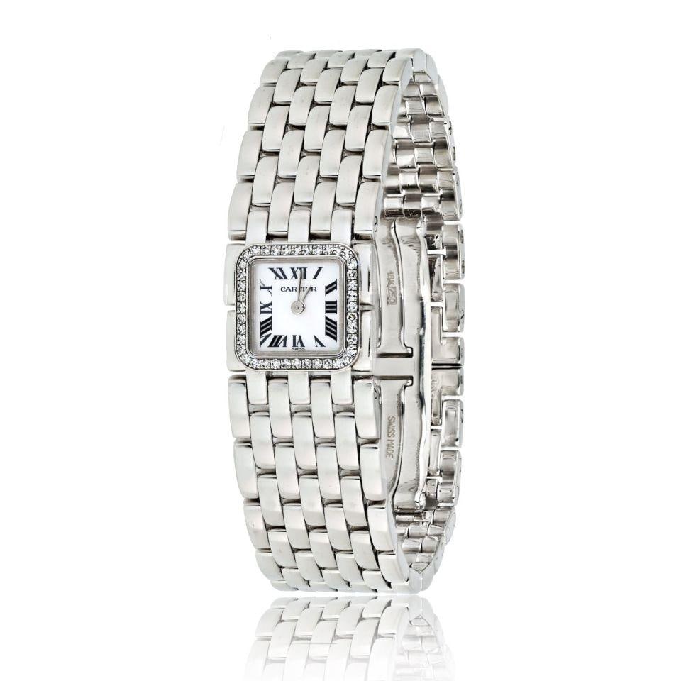 Panthere Diamond Watch in 18K White Gold by Cartier Model 2422: Panthere Diamond Watch in 18K White Gold by Cartier Model 2422 This Cartier Panthere ladies watch features an 18K white gold case and bracelet, accented with diamonds. The watch has a mother-of-pearl