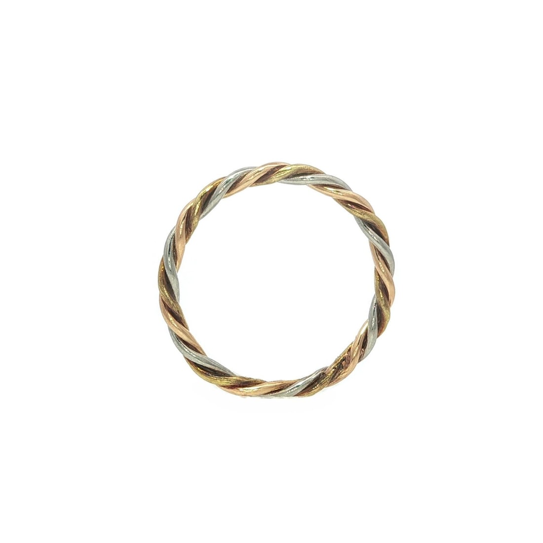 18k Tri Color Gold 1.8mm Braided Stackable Band Ring: 18k Tri Color Gold 1.8mm Braided Stackable Band Ring This exquisite stackable braided twisted wire band ring is crafted from solid 18k tri-color gold, featuring a harmonious blend of yellow, rose, and