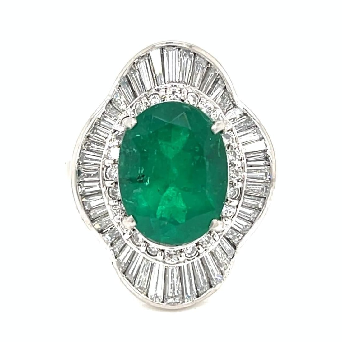 Stunning Platinum Emerald 3.83 Ct and Diamond 1.70 Ct Ring: Stunning Platinum Emerald 3.83 Ct and Diamond 1.70 Ct Ring This exquisite Platinum ring features a stunning 3.83 Ct. Emerald at its center, complemented by a total of 1.70 Ct. of sparkling diamonds. T