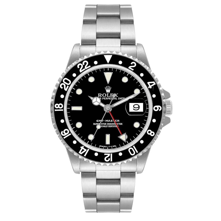 GMT-Master 16700 Black Dial Oyster Bracelet Watch with Papers 1995: GMT-Master 16700 Black Dial Oyster Bracelet Watch with Papers 1995 This Rolex GMT-Master features a black dial and black bezel, complemented by an Oyster bracelet. The watch is from the 1995 series wi