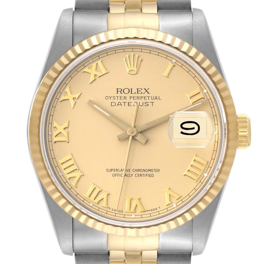 Champagne Roman Dial Datejust Watch with Fluted Bezel Ref 16233: Champagne Roman Dial Datejust Watch with Fluted Bezel Ref 16233 This Rolex Datejust features a champagne Roman dial and a fluted bezel, paired with a D-Link Jubilee bracelet. Designed for men, it is i