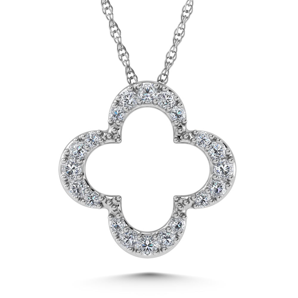 14K White Gold Diamond 1/8.Ct. Tw. Four Leaf Clover Pendant: 14K White Gold Diamond 1/8.Ct. Tw. Four Leaf Clover Pendant 14k White Gold Stone Color: G-h Stone Clarity: Si3 Unless otherwise specified, pendants that include a chain are paired with our standard 18