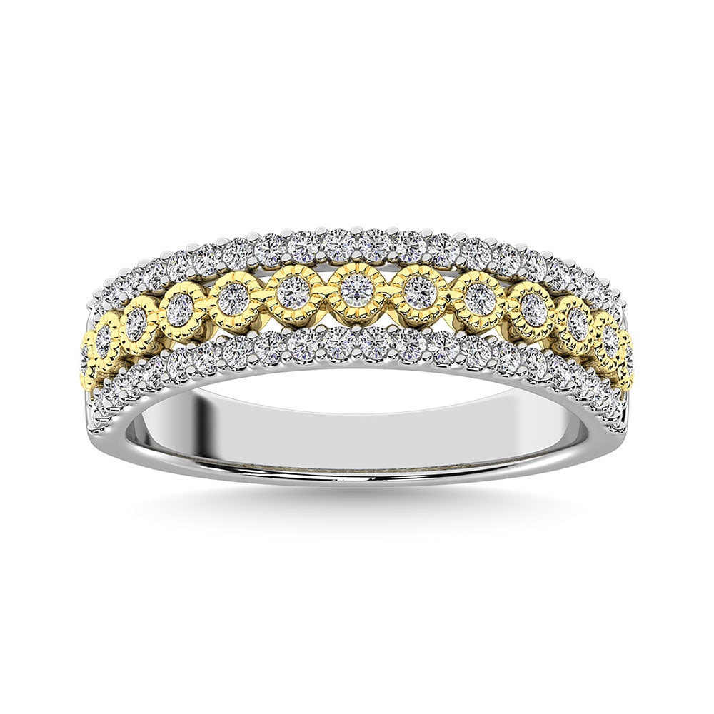 Diamond 3/8 Ct.Tw. Fashion Band in 10K Two Tone Gold: Diamond 3/8 Ct.Tw. Fashion Band in 10K Two Tone Gold 10k Two Tone Stone Color: G-h Stone Clarity: I1 Each ring is presented in standard size 6.5. Complimentary resizing is available between sizes 510