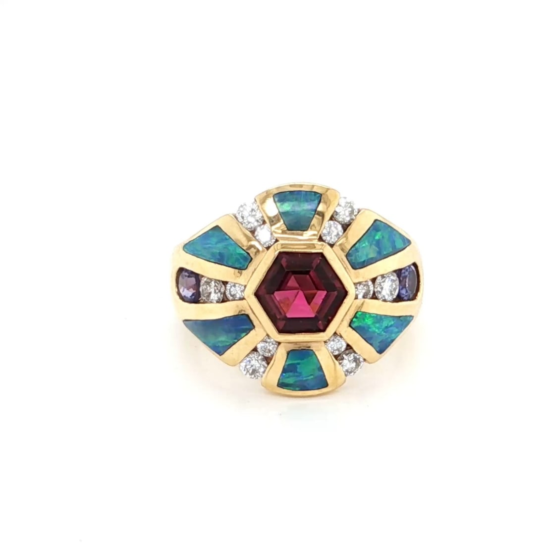 Kabana Multi-Gemstone 14k Gold Ring with Diamond Fire Opal Tourmaline Iolite Size 6: Kabana Multi-Gemstone 14k Gold Ring with Diamond Fire Opal Tourmaline Iolite Size 6 This authentic Kabana ring is crafted in 14k yellow gold and features a vibrant combination of diamond, fire opal, t