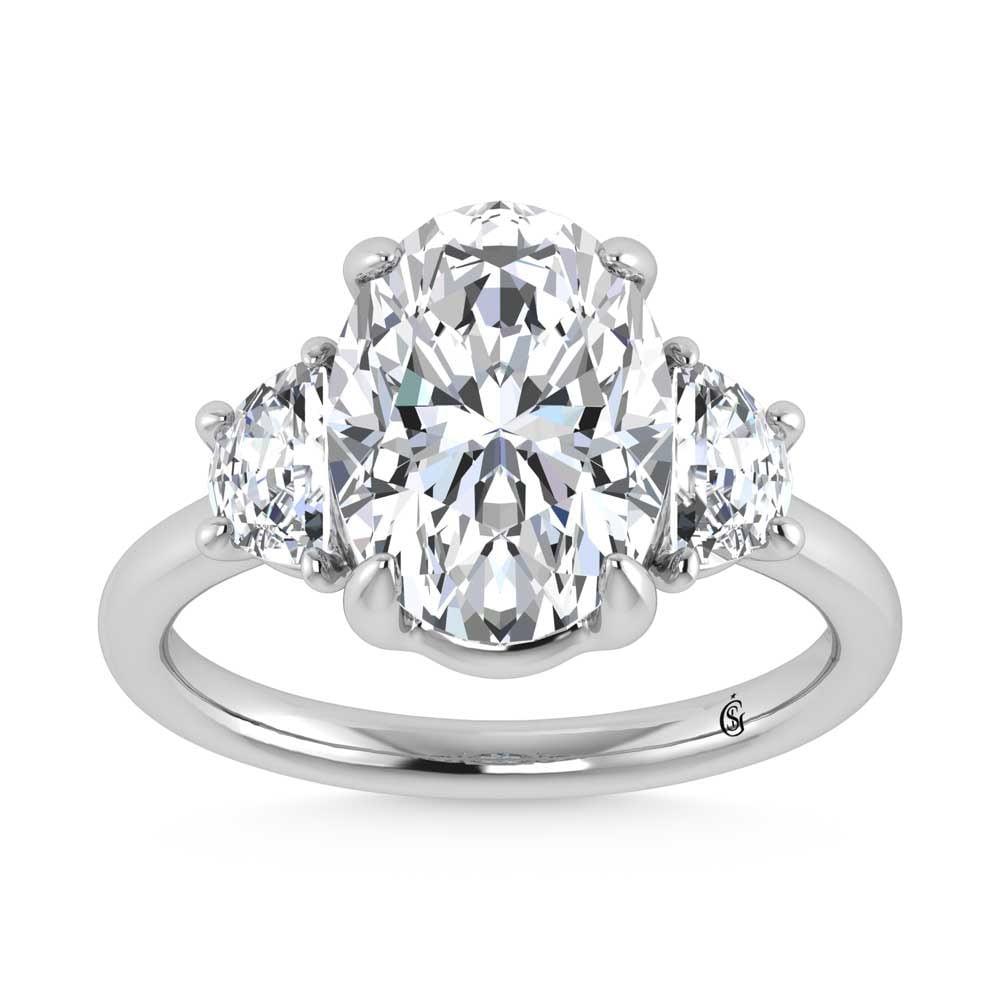 14K White Gold Lab Grown Diamond 4 1/2 Ct.Tw. Oval Shape Three Stone Engagement Ring: 14K White Gold Lab Grown Diamond 4 1/2 Ct.Tw. Oval Shape Three Stone Engagement Ring This stunning three-stone ring features a sparkling 4 CT Oval Center diamond with two shimmering side diamonds, sym