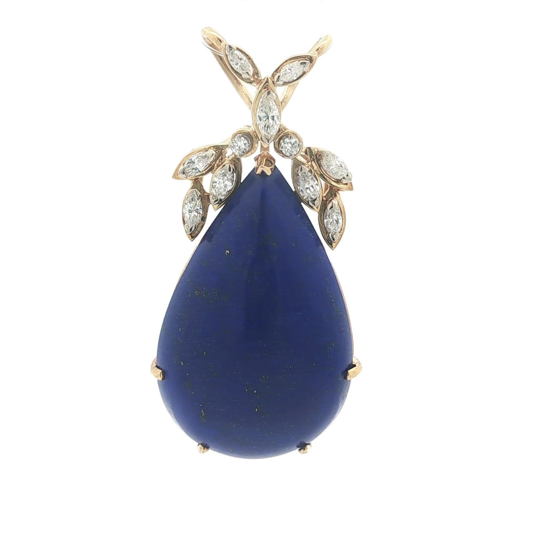 Large Pear Cabochon Blue Lapis Lazuli and Diamond Pendant in 18k Yellow Gold: Large Pear Cabochon Blue Lapis Lazuli and Diamond Pendant in 18k Yellow Gold This pendant features a large natural pear cabochon-cut lapis lazuli stone with an intense blue color and gold speckles, pr