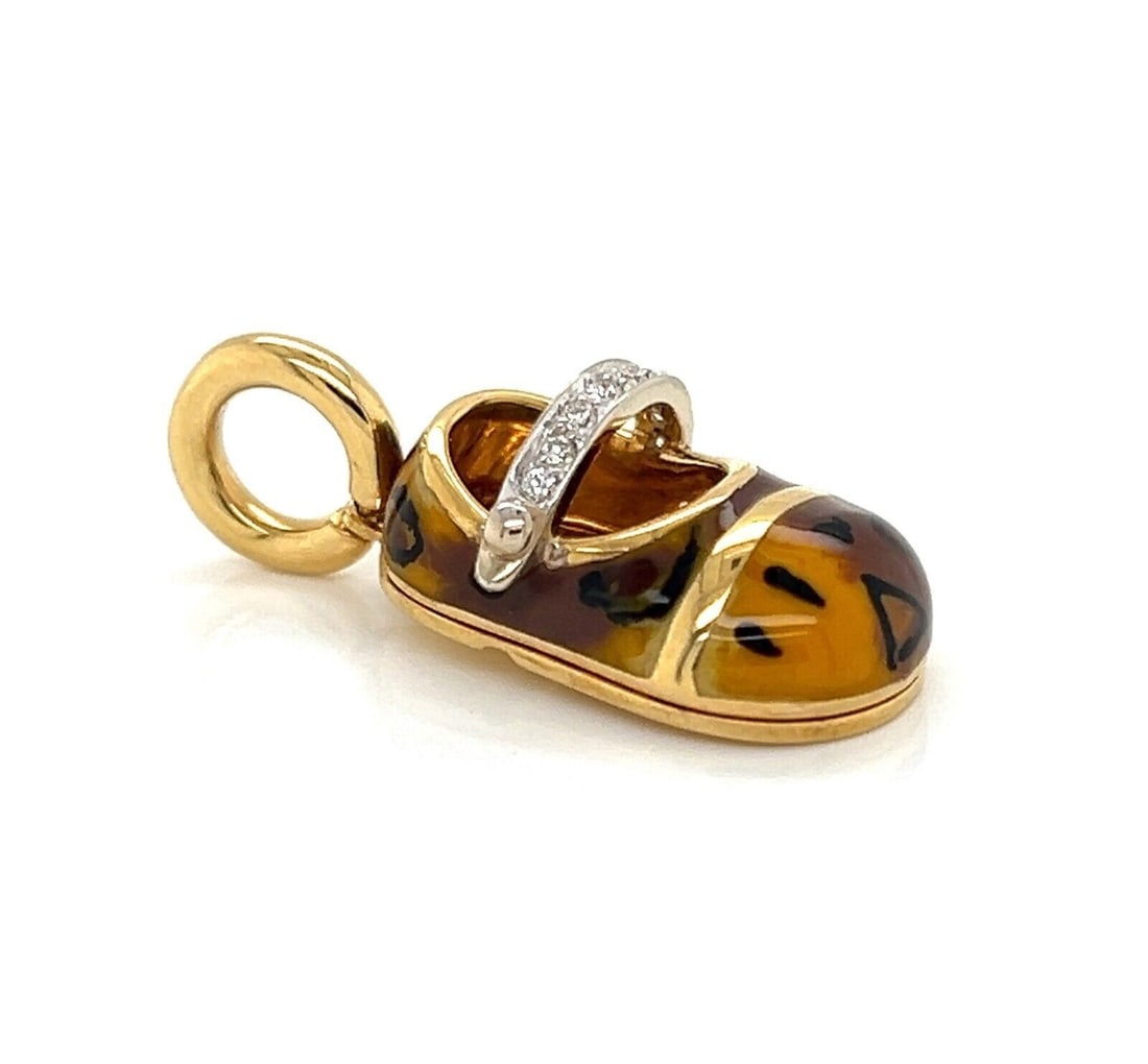 Leopard Print Shoe Charm Pendant in 18k Yellow Gold with Diamond and Enamel by Aaron Basha: Leopard Print Shoe Charm Pendant in 18k Yellow Gold with Diamond and Enamel by Aaron Basha This Aaron Basha charm pendant is crafted from 18k yellow gold and features a leopard shoe design adorned wit