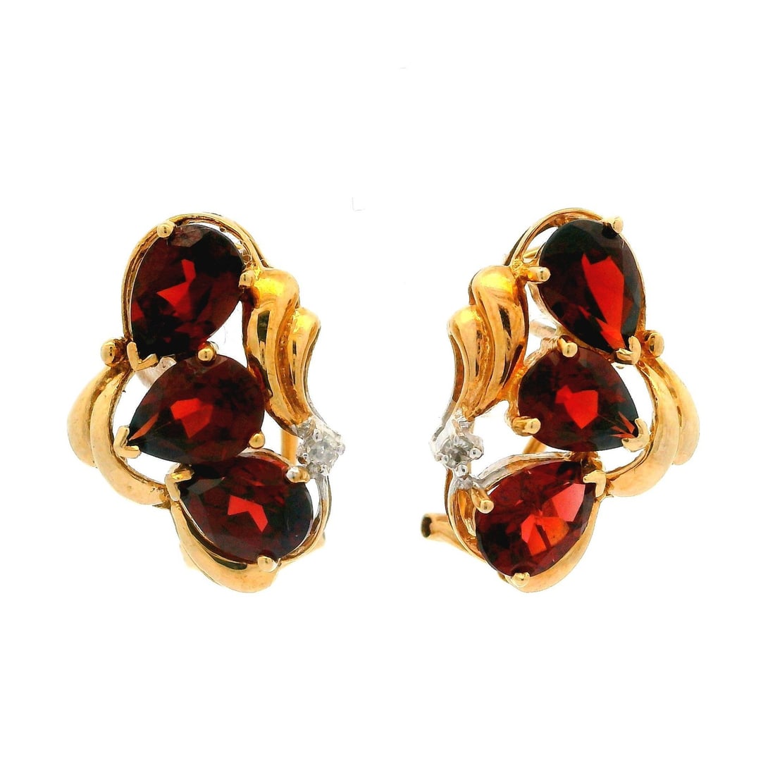 10k Yellow Gold Dangle Earrings with Pear Garnet and Diamonds: 10k Yellow Gold Dangle Earrings with Pear Garnet and Diamonds These exquisite dangle/drop earrings are crafted from 10k yellow gold and feature a stunning design with a pear-shaped garnet surrounded b