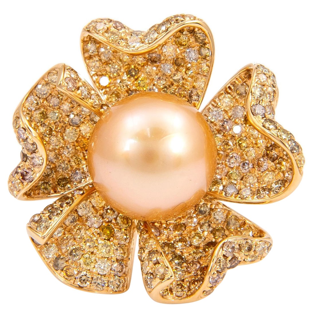3.87ct Multi-Color Diamond Pearl Floral Ring 18k: 3.87ct Multi-Color Diamond Pearl Floral Ring 18k This exquisite floral ring features a stunning centerpiece of a South Sea pearl, elegantly surrounded by 257 multi-color diamonds, including yellow, br