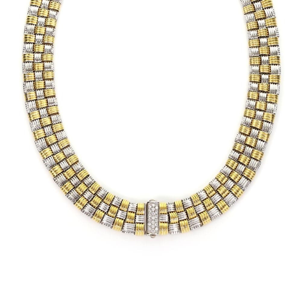 Appassionata Basket Weave Collar in 18k Gold with Diamonds by Roberto Coin: Appassionata Basket Weave Collar in 18k Gold with Diamonds by Roberto Coin This authentic collar necklace from Roberto Coin's Appassionata collection is expertly crafted in 18k yellow and white gold w