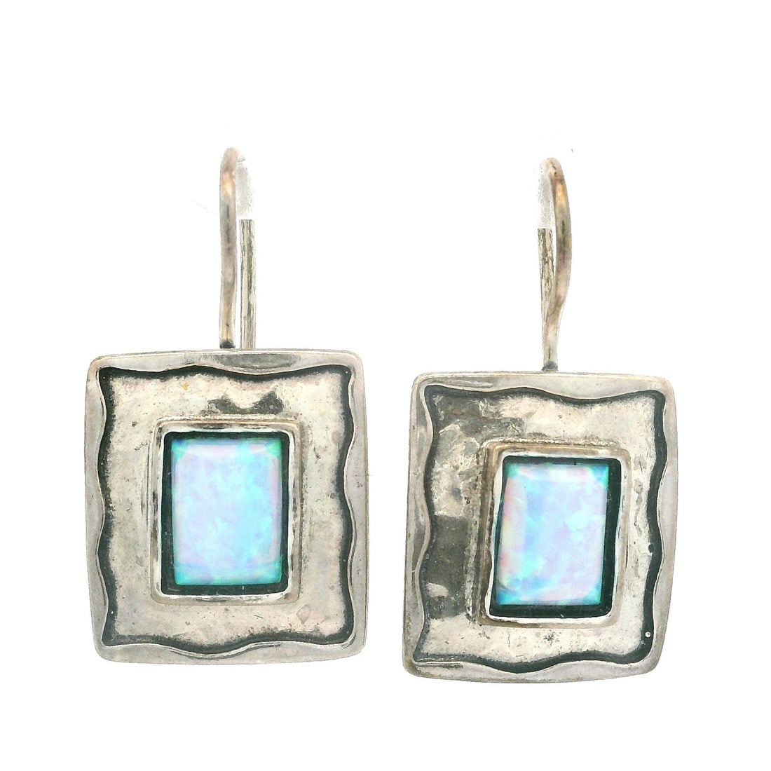 Vintage Sterling Silver Blue Opal Hammered Frame Drop Earrings: Vintage Sterling Silver Blue Opal Hammered Frame Drop Earrings These vintage drop earrings feature a stunning hammered finish and are crafted from .925 sterling silver. Each earring showcases two rect