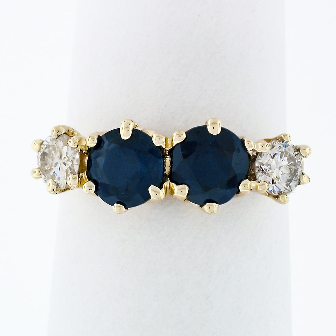Vintage 14k Yellow Gold 2.16ct Blue Sapphire Diamond Band Ring: Vintage 14k Yellow Gold 2.16ct Blue Sapphire Diamond Band Ring This exquisite vintage band ring is crafted from solid 14k yellow gold and features a stunning combination of natural gemstones. At its c