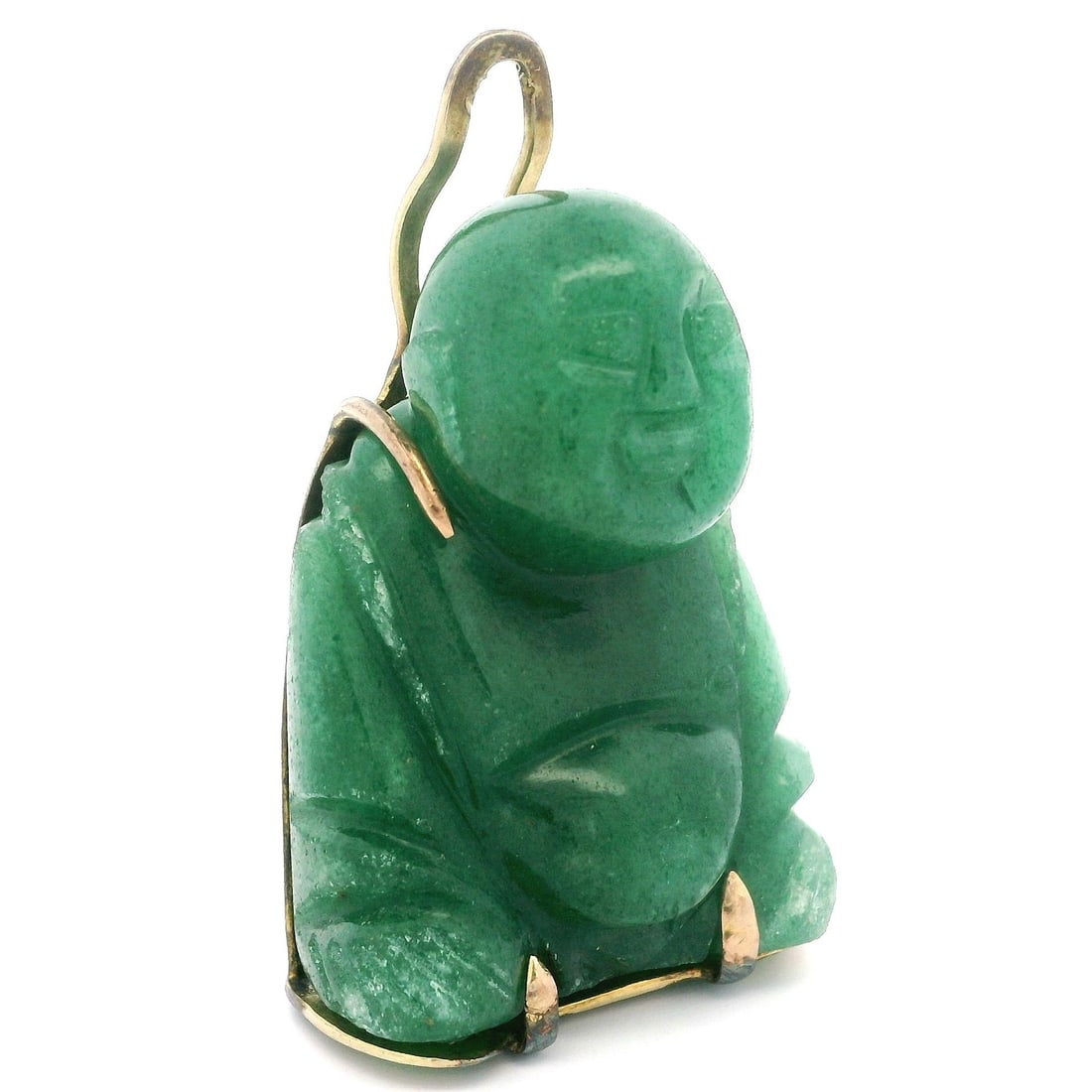 Vintage 9k Yellow Gold Carved Jade Buddha Pendant Green Stone: Vintage 9k Yellow Gold Carved Jade Buddha Pendant Green Stone This vintage pendant showcases a beautifully carved jade Buddha, symbolizing luck and blessings. The natural jade, in a rich green hue, me