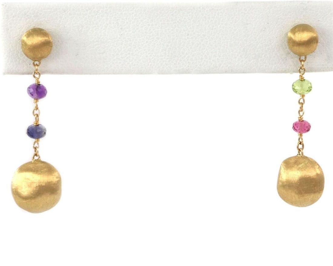 Marco Bicego Africa 18k Yellow Gold Dangle Earrings with Multi Gemstone Beads: Marco Bicego Africa 18k Yellow Gold Dangle Earrings with Multi Gemstone Beads These authentic Marco Bicego Africa dangle earrings are crafted in solid 18k yellow gold and feature multi-colored gemston