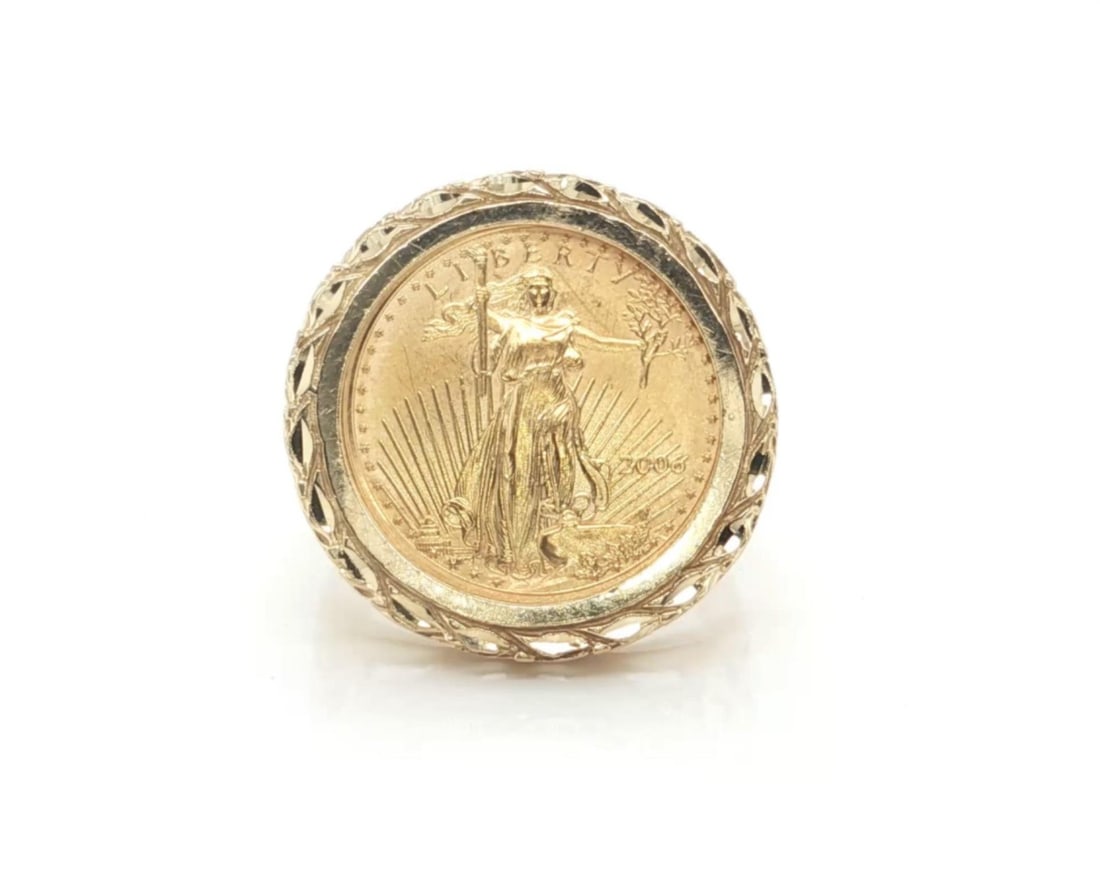 Vintage Filigree Ring With $5 Liberty 22K Gold Coin in 14K Yellow Gold Size 6.5: Vintage Filigree Ring With $5 Liberty 22K Gold Coin in 14K Yellow Gold Size 6.5 This vintage ring features an authentic $5 Liberty gold coin crafted in 22k gold, set at the center of a 14k yellow gold