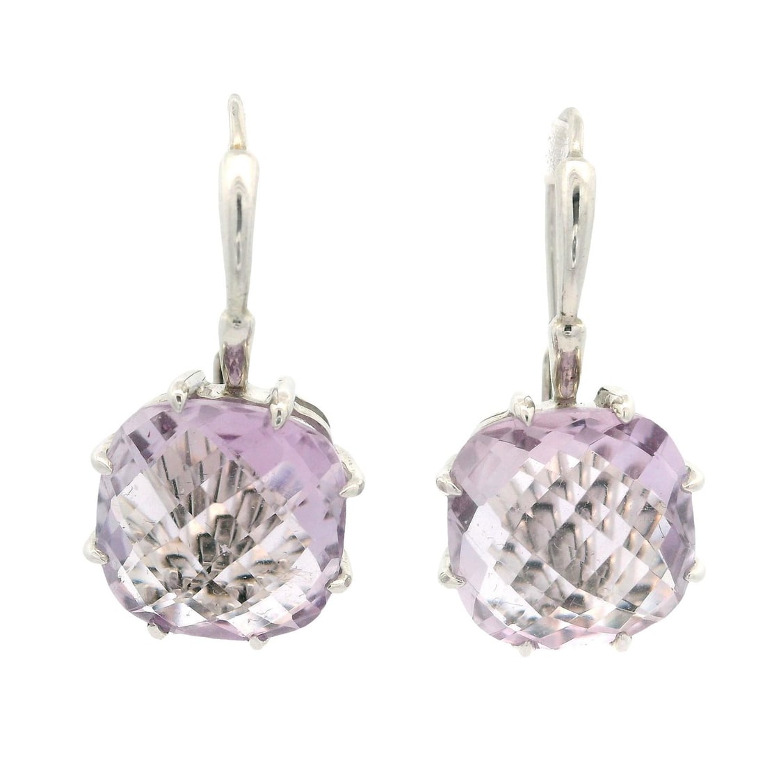 Estate Sterling Silver Amethyst Cushion Drop Earrings Dangle Style: Estate Sterling Silver Amethyst Cushion Drop Earrings Dangle Style Elevate your jewelry collection with these exquisite Estate Sterling Silver Faceted Cushion Amethyst Rose De France Drop Earrings. Cr
