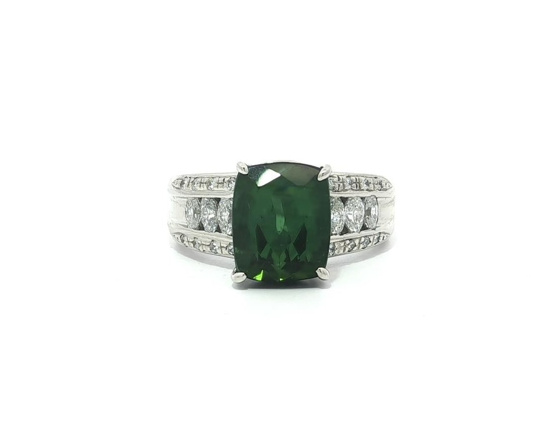 Platinum 4.36ctw Green Cushion Cut Tourmaline Diamond Ring: Platinum 4.36ctw Green Cushion Cut Tourmaline Diamond Ring This exquisite cocktail ring showcases a stunning natural cushion cut tourmaline, featuring a vivid green color and measuring approximately 9