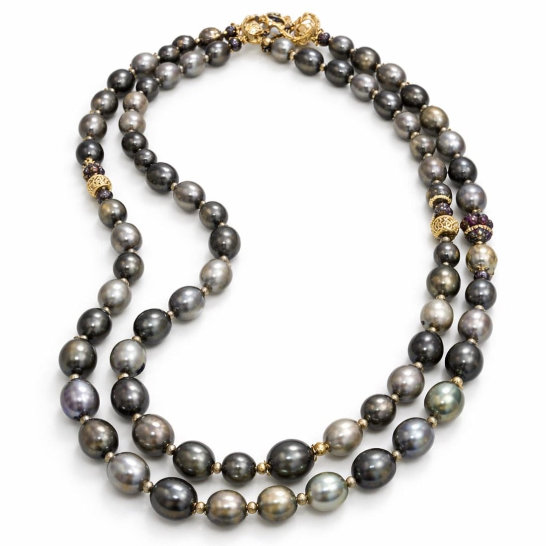 South Sea Pearl Strand Necklace in 18K Yellow Gold by Verdura with Pouch: South Sea Pearl Strand Necklace in 18K Yellow Gold by Verdura with Pouch This elegant necklace features South Sea pearls ranging from 15.0 to 9.8 mm, set in 18K yellow gold. The piece has a total leng