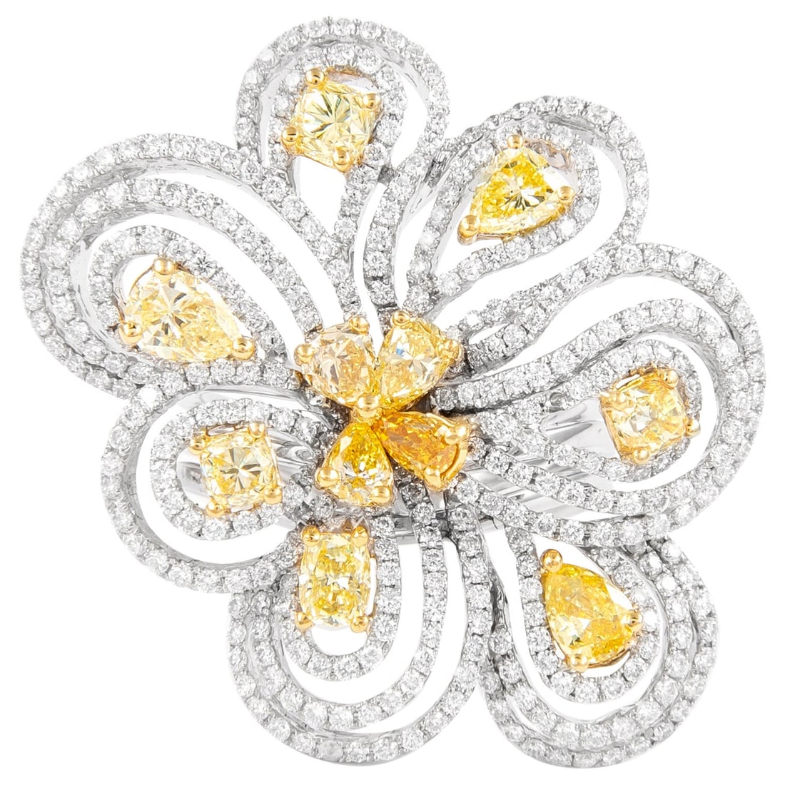 3.97ct Fancy Yellow Diamond Floral Ring 18k Gold: 3.97ct Fancy Yellow Diamond Floral Ring 18k Gold This stunning floral ring features a vibrant 3.97ct total weight of yellow and white diamonds, crafted in luxurious 18k gold. The centerpiece includes