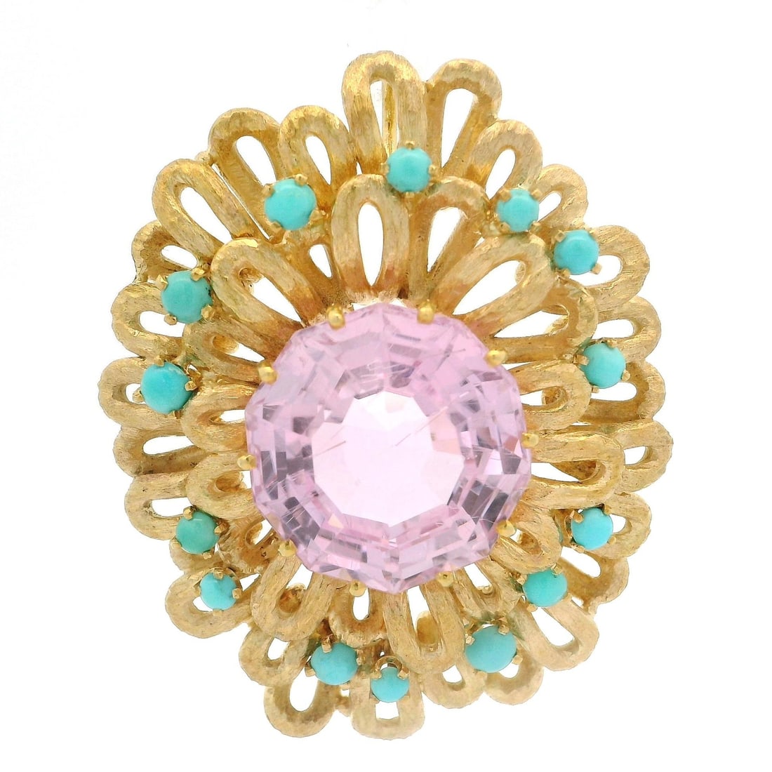 Vintage 18k Yellow Gold Open Work Pendant with Kunzite and Turquoise: Vintage 18k Yellow Gold Open Work Pendant with Kunzite and Turquoise This exquisite vintage pendant showcases a stunning combination of natural gemstones and luxurious materials. The pendant is crafte