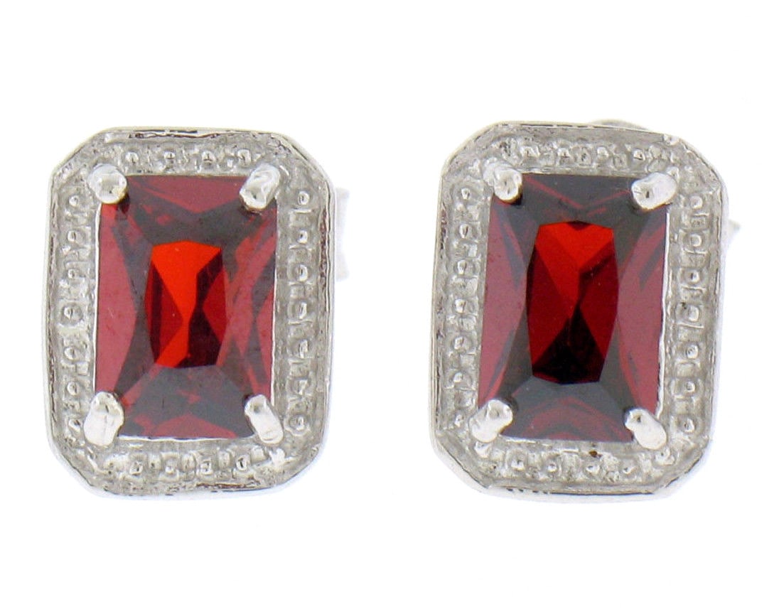 Classic Sterling Silver Garnet Stud Earrings with Beaded Border: Classic Sterling Silver Garnet Stud Earrings with Beaded Border Add a touch of elegance to your jewelry collection with these Sterling Silver Garnet Rectangle Cut Stud Earrings. These classic studs fe