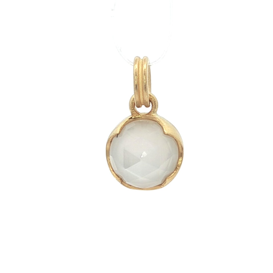 .900 High Karat Yellow Gold Moonstone Charm Pendant 8mm: .900 High Karat Yellow Gold Moonstone Charm Pendant 8mm This exquisite charm pendant features a stunning natural moonstone, showcasing a round faceted cut. The moonstone, approximately 8mm in diameter