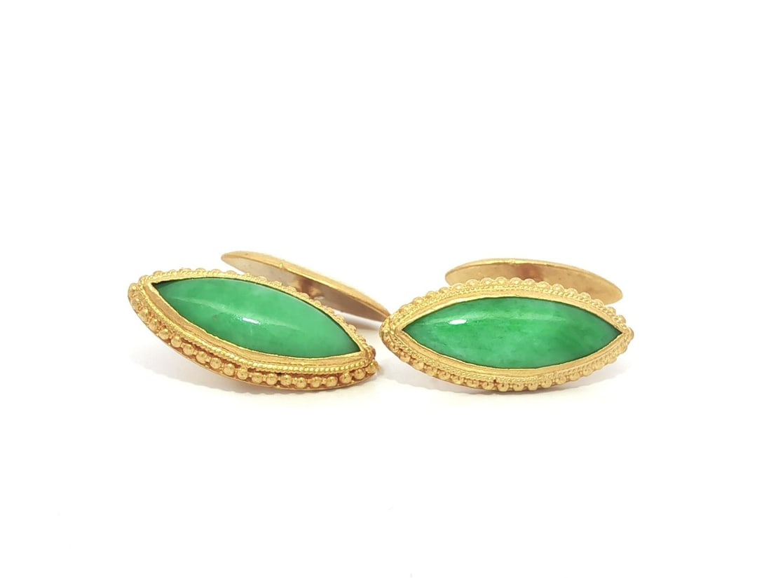 Antique 24k Yellow Gold Marquise Cabochon Jade Cufflinks: Antique 24k Yellow Gold Marquise Cabochon Jade Cufflinks These exquisite antique cufflinks showcase a striking design featuring two natural genuine jade stones, each with a marquise cabochon cut and b