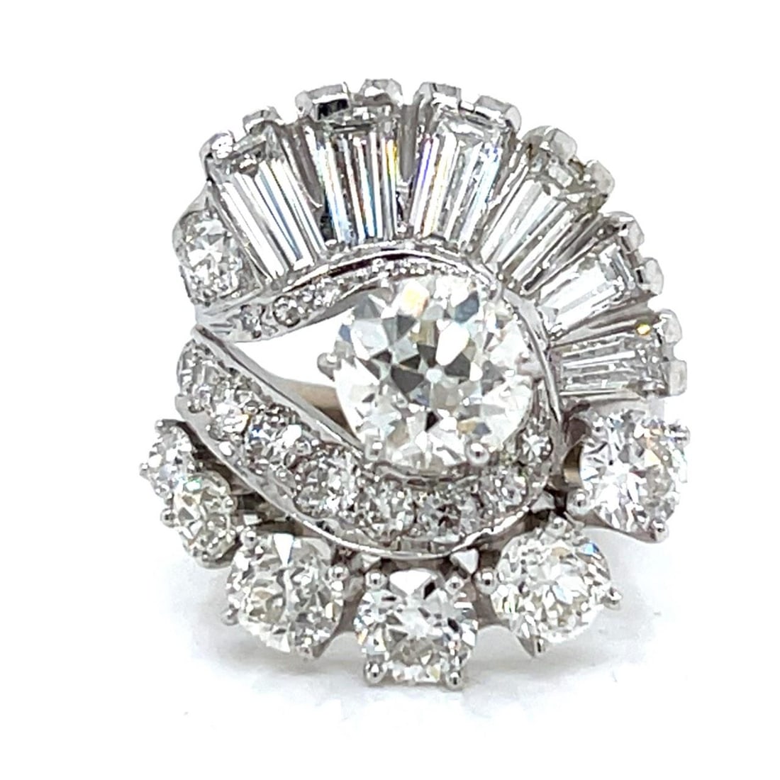 Art Deco 14K White Gold 4.60 Ct Diamond Ring with European Cuts: Art Deco 14K White Gold 4.60 Ct Diamond Ring with European Cuts This stunning Art Deco ring features a luxurious design crafted from 14K white gold and set with a total of 4.60 carats of exquisite dia