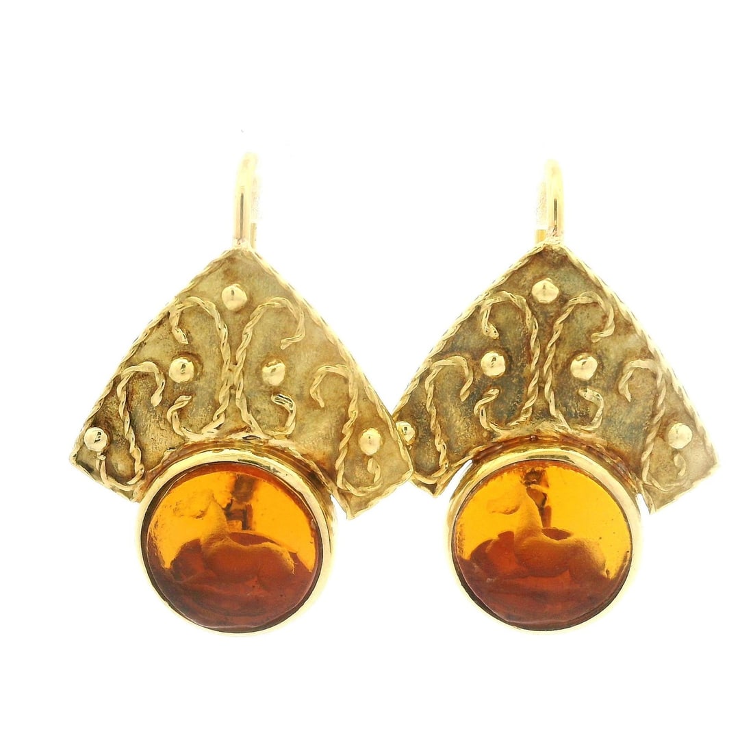Vintage Italian 18k Gold Dangle Earrings with Orange Glass Horse Intaglio: Vintage Italian 18k Gold Dangle Earrings with Orange Glass Horse Intaglio Discover these exquisite vintage Italian earrings featuring a stunning carved orange glass intaglio depicting a horse portrait