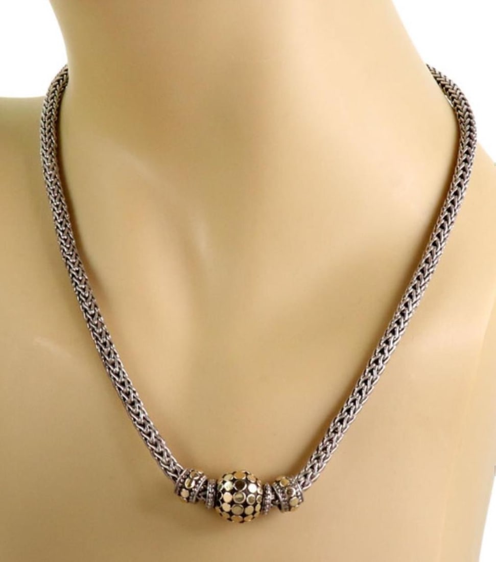 Three Bead Dot Pendant Necklace Sterling Silver 18k Gold by John Hardy: Three Bead Dot Pendant Necklace Sterling Silver 18k Gold by John Hardy This John Hardy necklace features an enhancer pendant with three bead dots crafted from sterling silver and 18k yellow gold. The