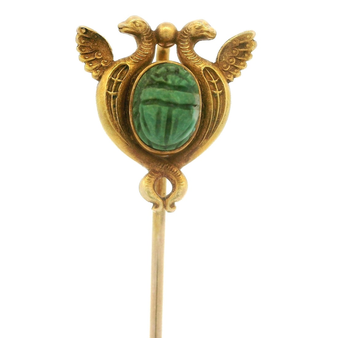 Antique 14k Gold Egyptian Revival Turquoise Scarab Serpent Brooch: Antique 14k Gold Egyptian Revival Turquoise Scarab Serpent Brooch This exquisite Antique 14k Gold Egyptian Revival Carved Turquoise Scarab Serpent Emblem Pin features a beautifully carved oval cabocho
