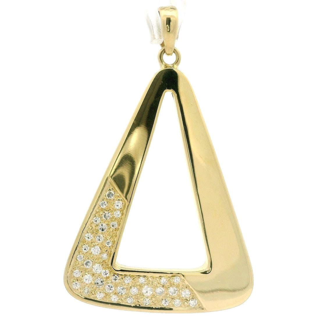 18k Gold Pave Diamond Geometric Swinging Pendant 0.40ctw: 18k Gold Pave Diamond Geometric Swinging Pendant 0.40ctw This stunning pendant features a large open triangular geometric design, crafted from 18k solid yellow gold and adorned with a total of 42 natu
