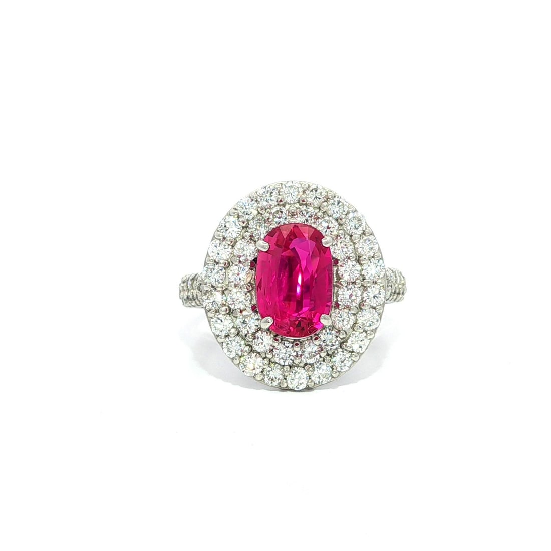 GIA Certified 3.52ct No Heat Ruby Platinum Halo Ring: GIA Certified 3.52ct No Heat Ruby Platinum Halo Ring This stunning Platinum Cocktail Ring features a 3.52ct Long Oval Natural Ruby, showcasing a beautiful brilliant cut with a vibrant red color and no