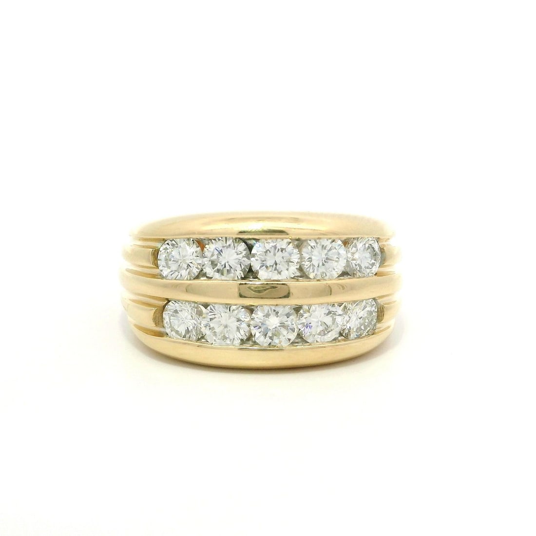 14k Yellow Gold 1.80ctw Channel Set Diamond Men's Band Ring: 14k Yellow Gold 1.80ctw Channel Set Diamond Men's Band Ring This stunning men's band ring features a solid 14k yellow gold design with a remarkable width of 12.3mm. The ring is adorned with ten round