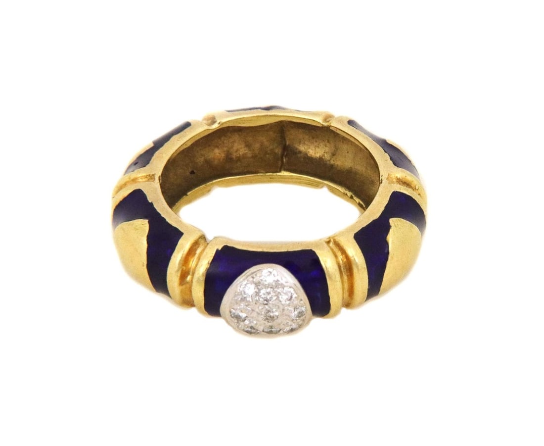 14k Gold Enamel Dome Ring with Diamonds and Hearts: 14k Gold Enamel Dome Ring with Diamonds and Hearts This exquisite dome band ring features a stunning design crafted from 14k yellow gold, accented with white gold. The band is adorned with six section