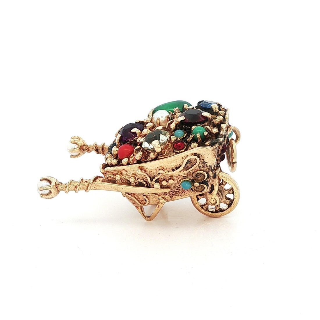 Vintage Yellow Gold Multi Gemstone Wheelbarrow Pendant Charm: Vintage Yellow Gold Multi Gemstone Wheelbarrow Pendant Charm This vintage wheelbarrow pendant charm is crafted from solid 13-14k yellow gold and features a vibrant array of multi-colored gemstones, in