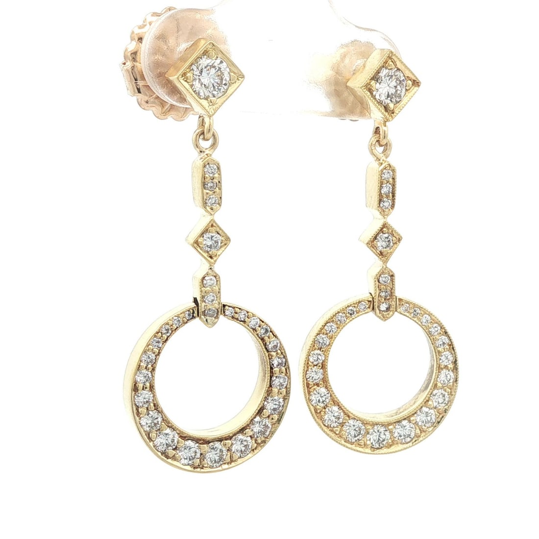 Elegant 18k Yellow Gold 1ct Diamond Dangle Earrings: Elegant 18k Yellow Gold 1ct Diamond Dangle Earrings These exquisite dangle/drop earrings are crafted from solid 18k yellow gold, showcasing a total of 1.0 carat of natural round brilliant cut diamonds