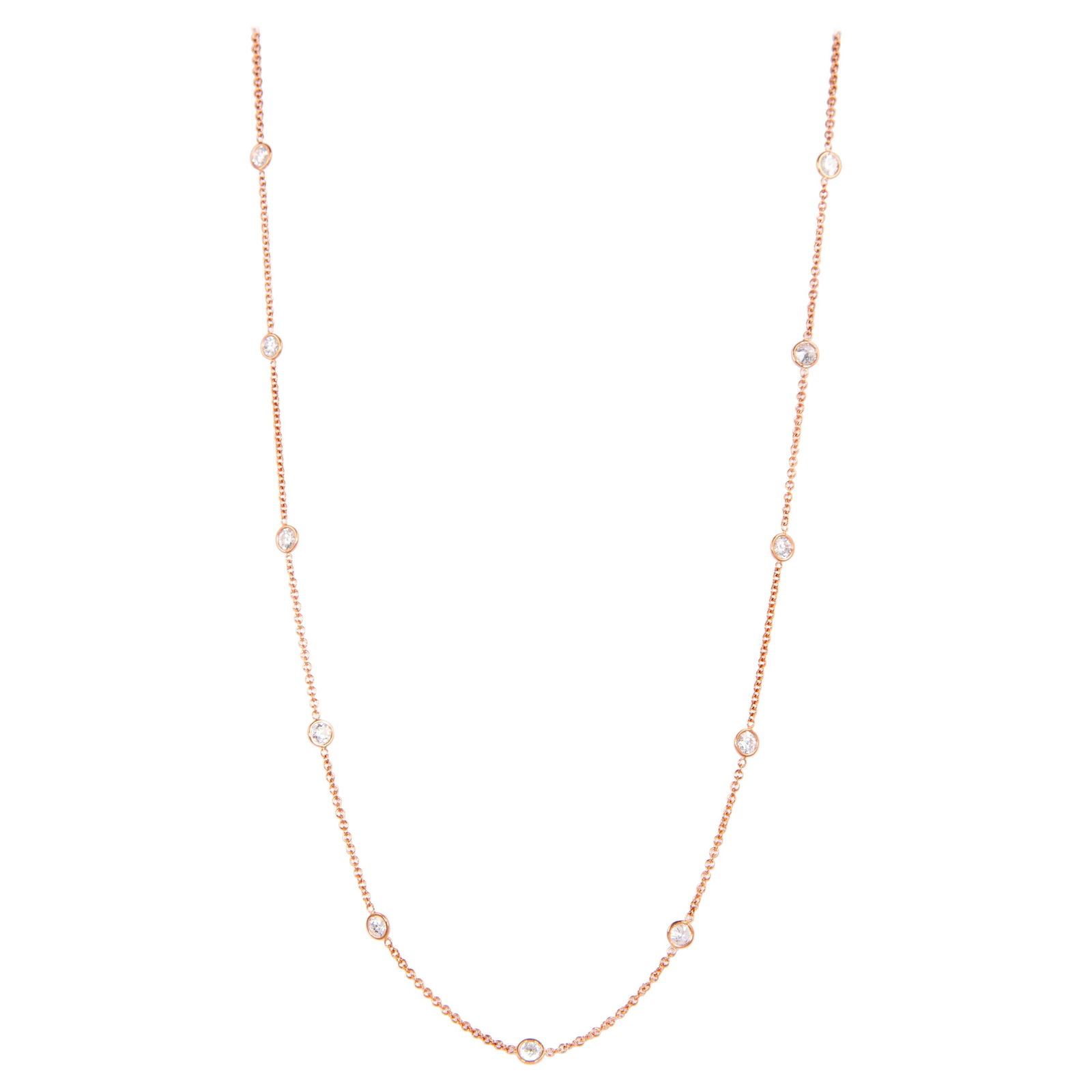 4.75ct Diamonds by the Yard Necklace 18k Rose Gold 24in Modern: 4.75ct Diamonds by the Yard Necklace 18k Rose Gold 24in Modern This stunning Diamonds by the Yard Necklace features a total weight of 4.75 carats, showcasing 15 exquisite round brilliant diamonds. Eac