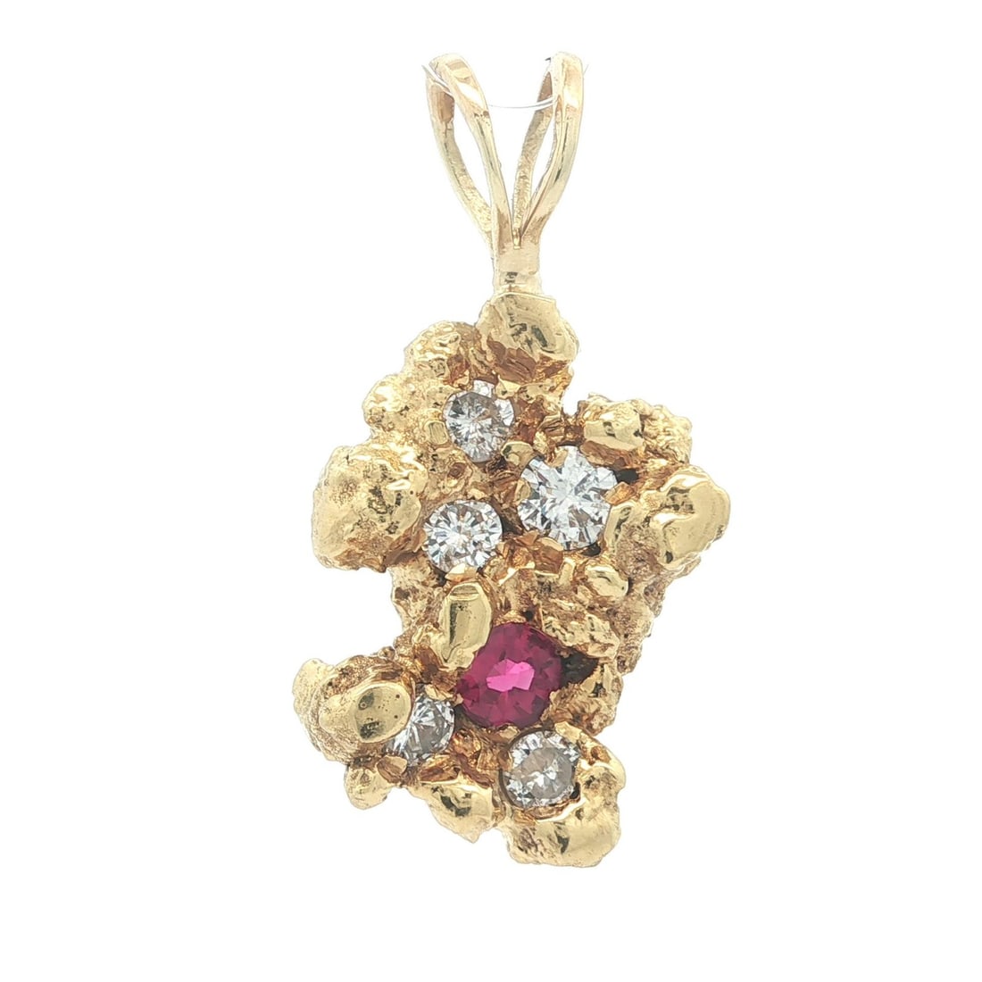 Nugget Pendant in 18k Yellow Gold with GIA Ruby and Diamond Accents: Nugget Pendant in 18k Yellow Gold with GIA Ruby and Diamond Accents This vintage Y-drop nugget pendant is crafted from solid 18k yellow gold with a 14k gold bail. It features a vivid red, natural roun