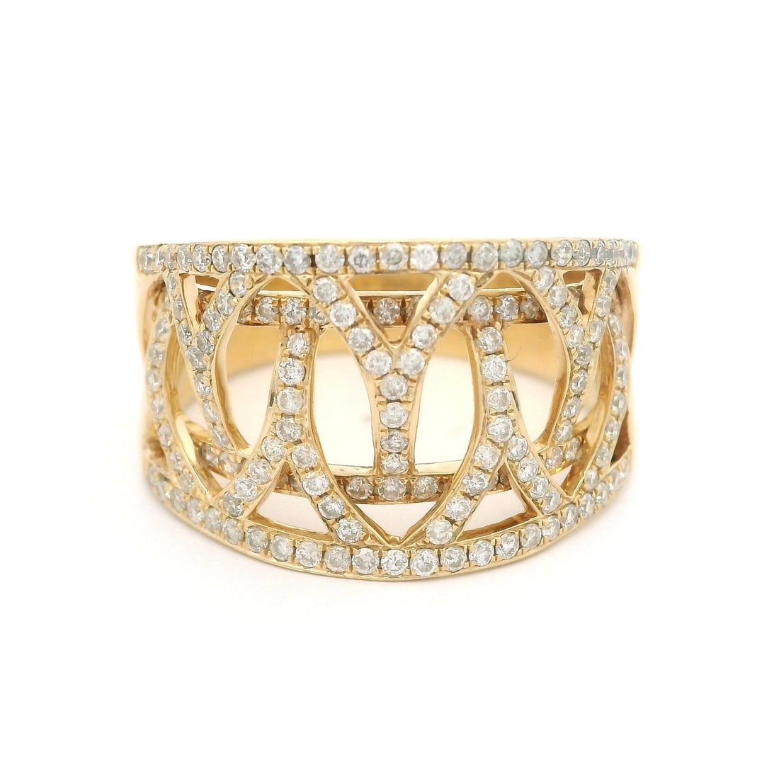 14k Yellow Gold Wide Open Work Cigar Band 1.10ct Diamond Ring: 14k Yellow Gold Wide Open Work Cigar Band 1.10ct Diamond Ring This elegant cigar band ring features a wide open work design crafted from solid 14k yellow gold. Adorned with approximately 1.10 carats o