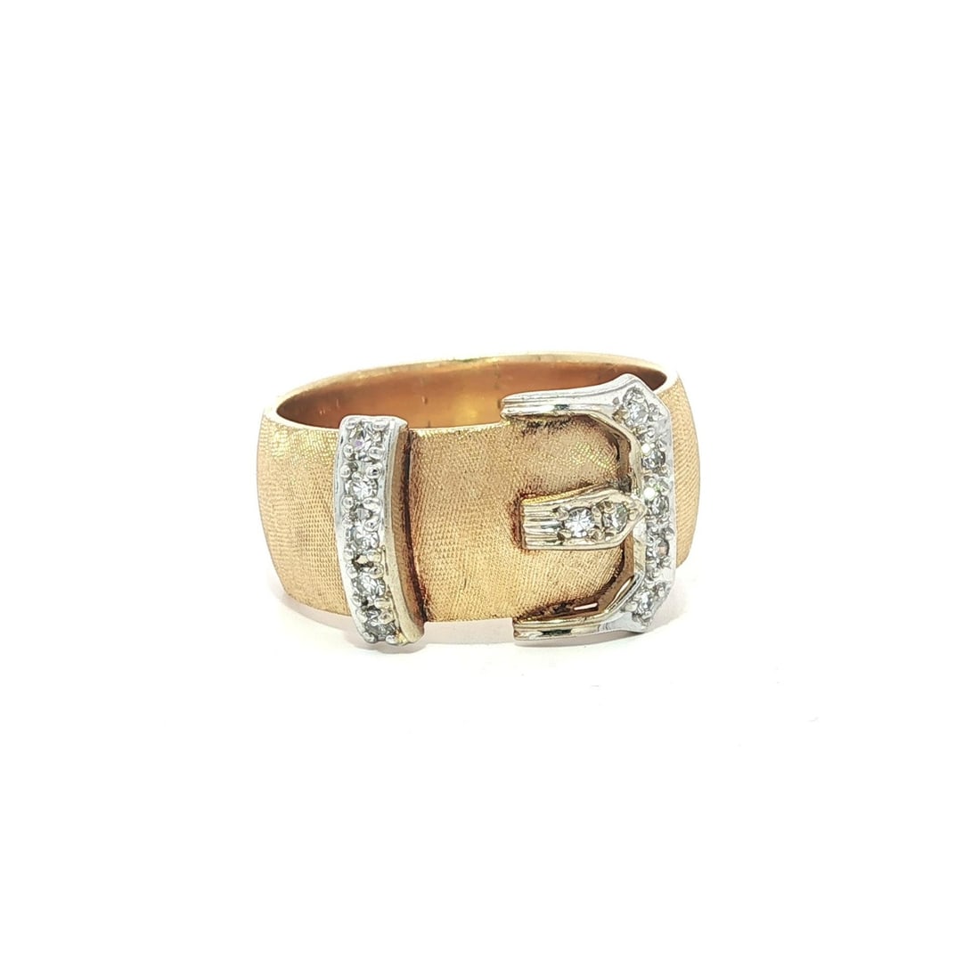 ArtCarved Diamond Pave Wide Buckle Band Ring in Solid Gold: ArtCarved Diamond Pave Wide Buckle Band Ring in Solid Gold Make a statement with this exquisite ArtCarved Solid Gold Pave Diamond Florentine Finish Wide Buckle Band Ring. Crafted from solid 13-14k yel