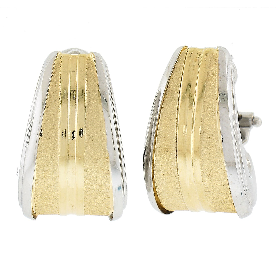 18K Yellow White Gold Textured Polished Omega Cuff Earrings: 18K Yellow White Gold Textured Polished Omega Cuff Earrings Elevate your accessory collection with these stunning Solid 18K Yellow and White Gold Textured Polished Grooved Cuff Omega Earrings. These s
